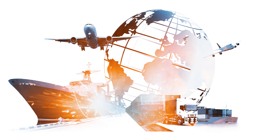 Le monde, avec bateau, avion, camion, chantier de conteneurs